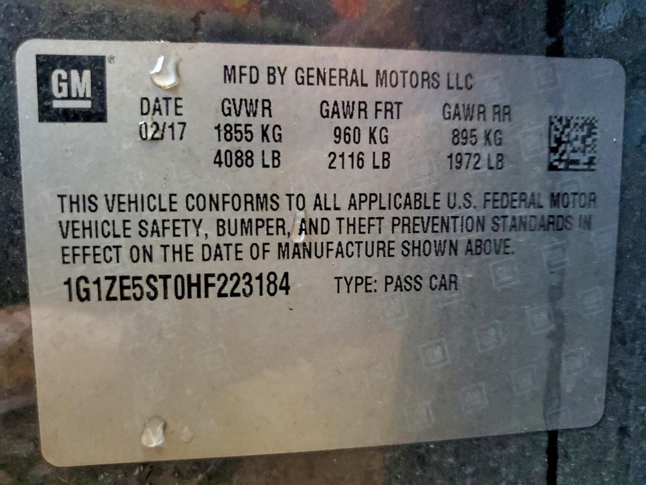 2017 Chevrolet Malibu Lt VIN: 1G1ZE5ST0HF223184 Lot: 95724385