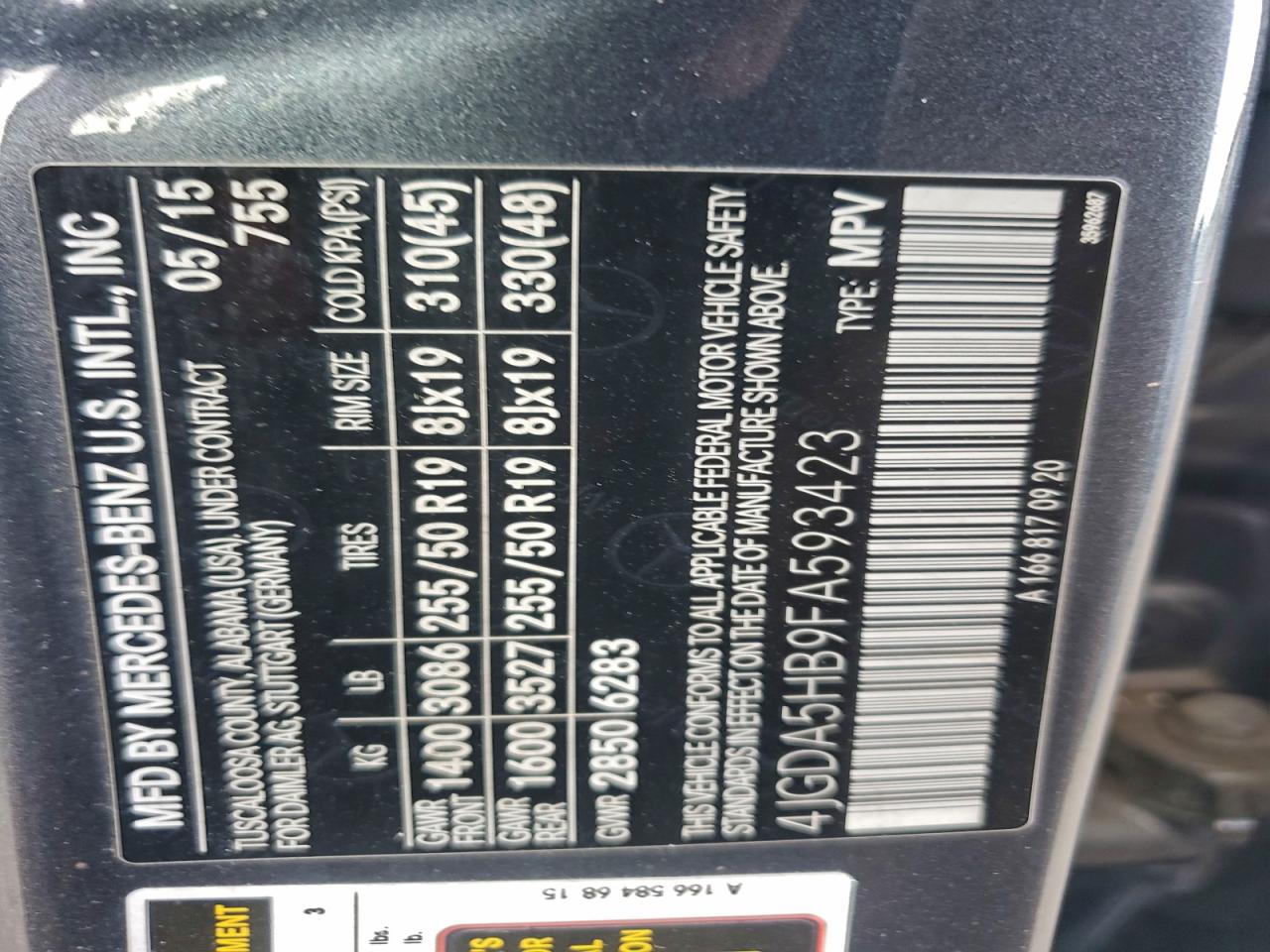 2015 Mercedes-Benz Ml 350 4Matic VIN: 4JGDA5HB9FA593423 Lot: 96003555