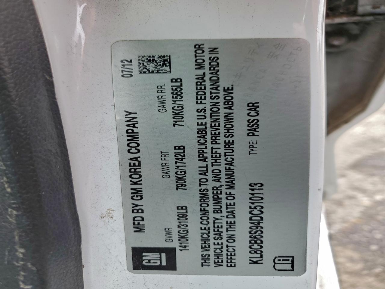 2013 Chevrolet Spark Ls VIN: KL8CB6S94DC510113 Lot: 96191175