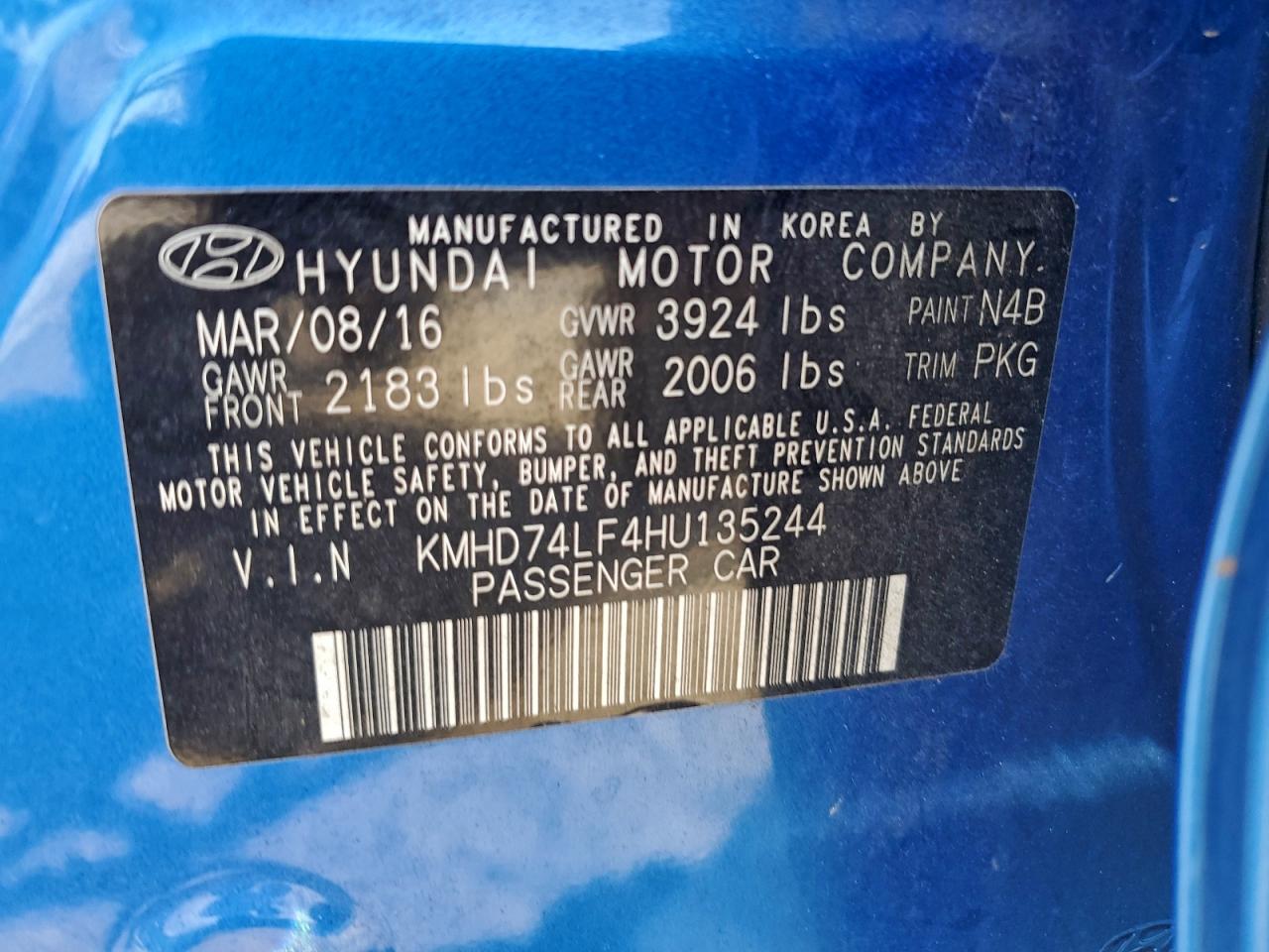 2017 Hyundai Elantra Se VIN: KMHD74LF4HU135244 Lot: 95735835