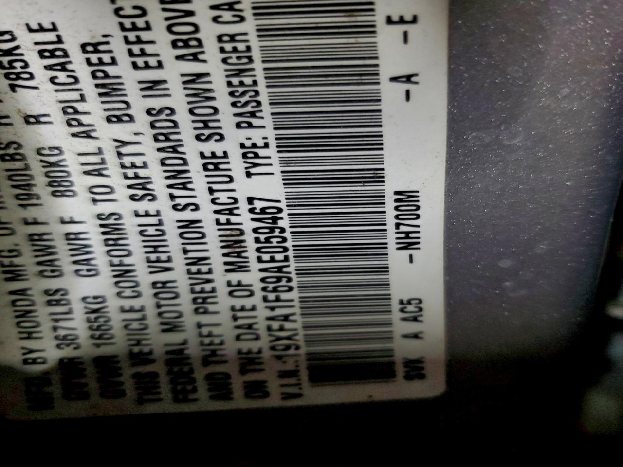 2010 Honda Civic Lx-S VIN: 19XFA1F69AE059467 Lot: 96399495