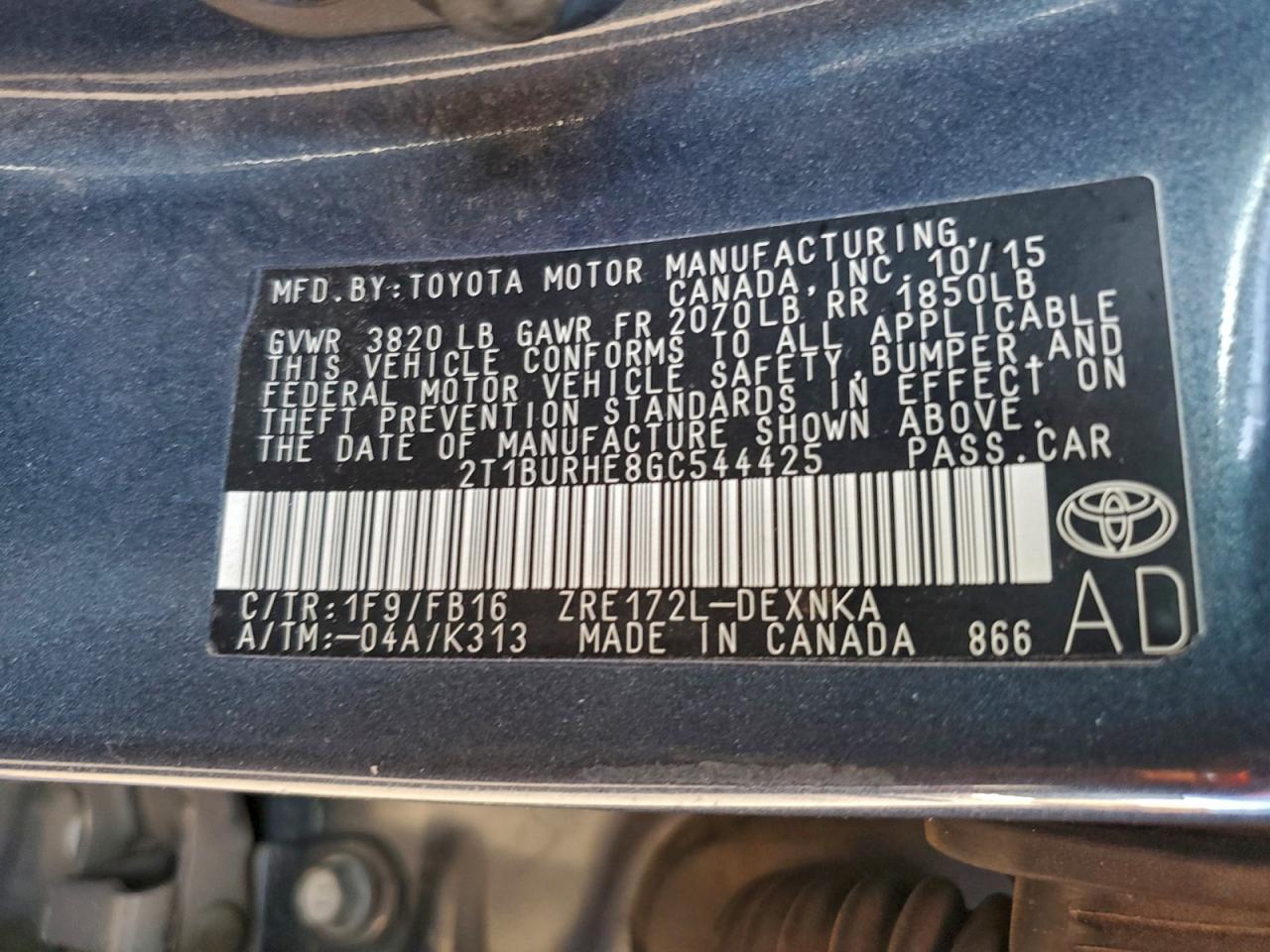 2016 Toyota Corolla L VIN: 2T1BURHE8GC544425 Lot: 95163175