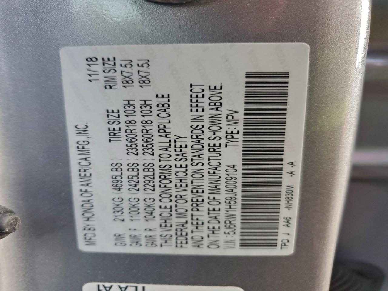 2018 Honda Cr-V Ex VIN: 5J6RW1H59JA009104 Lot: 94629875