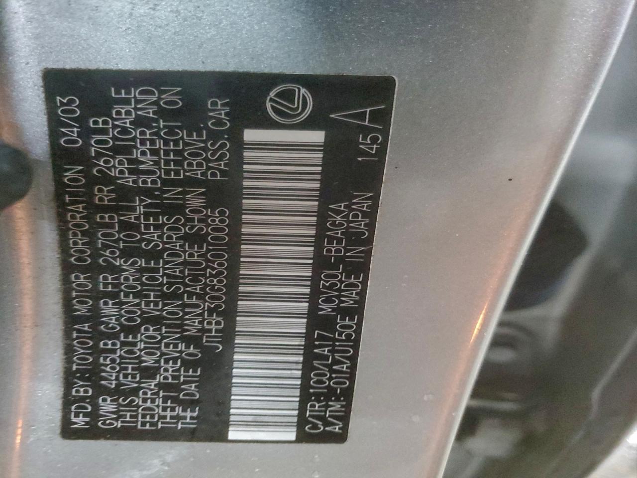 2003 Lexus Es 300 VIN: JTHBF30G836010085 Lot: 93315995