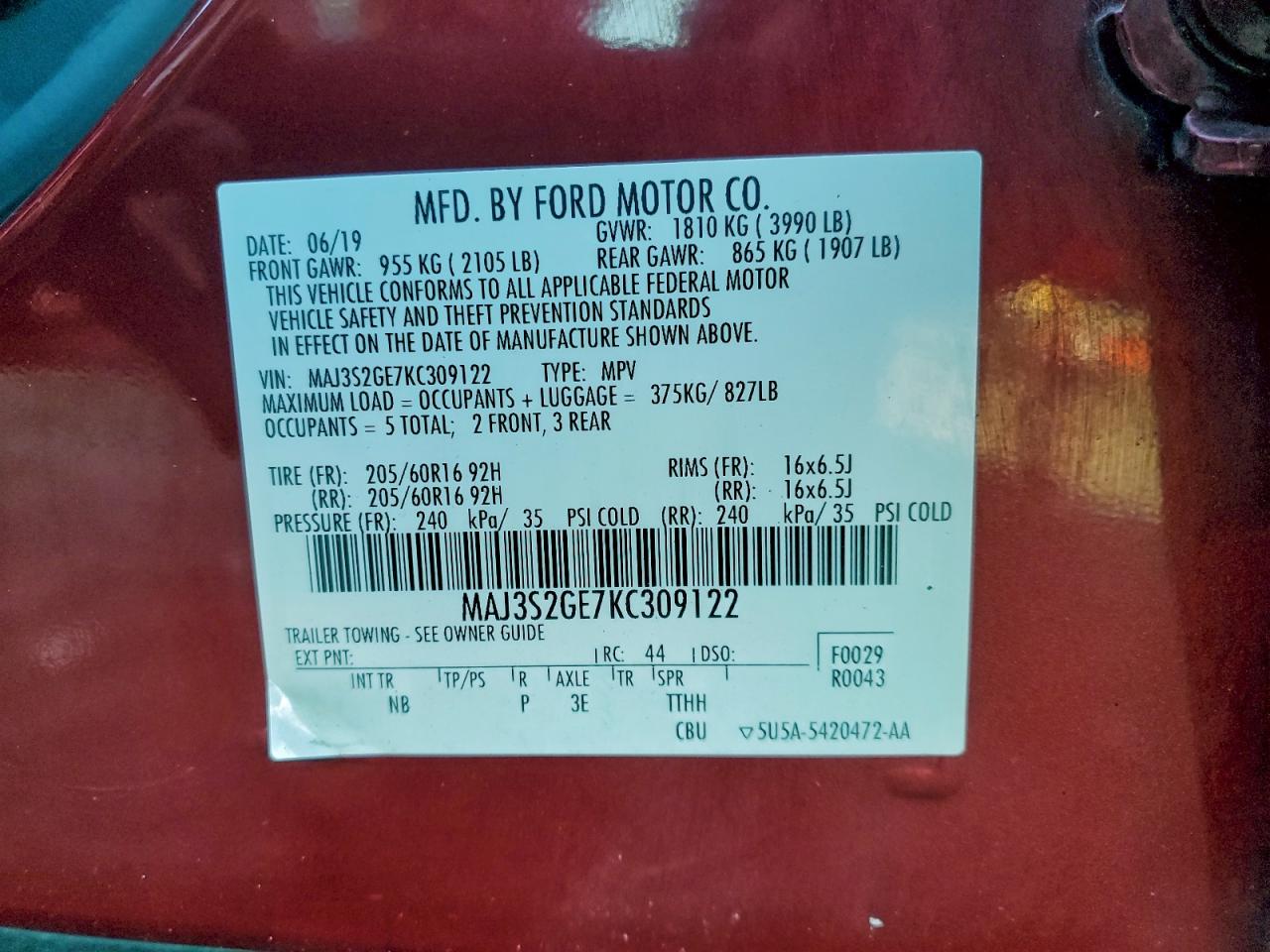 2019 Ford Ecosport Se VIN: MAJ3S2GE7KC309122 Lot: 95231685