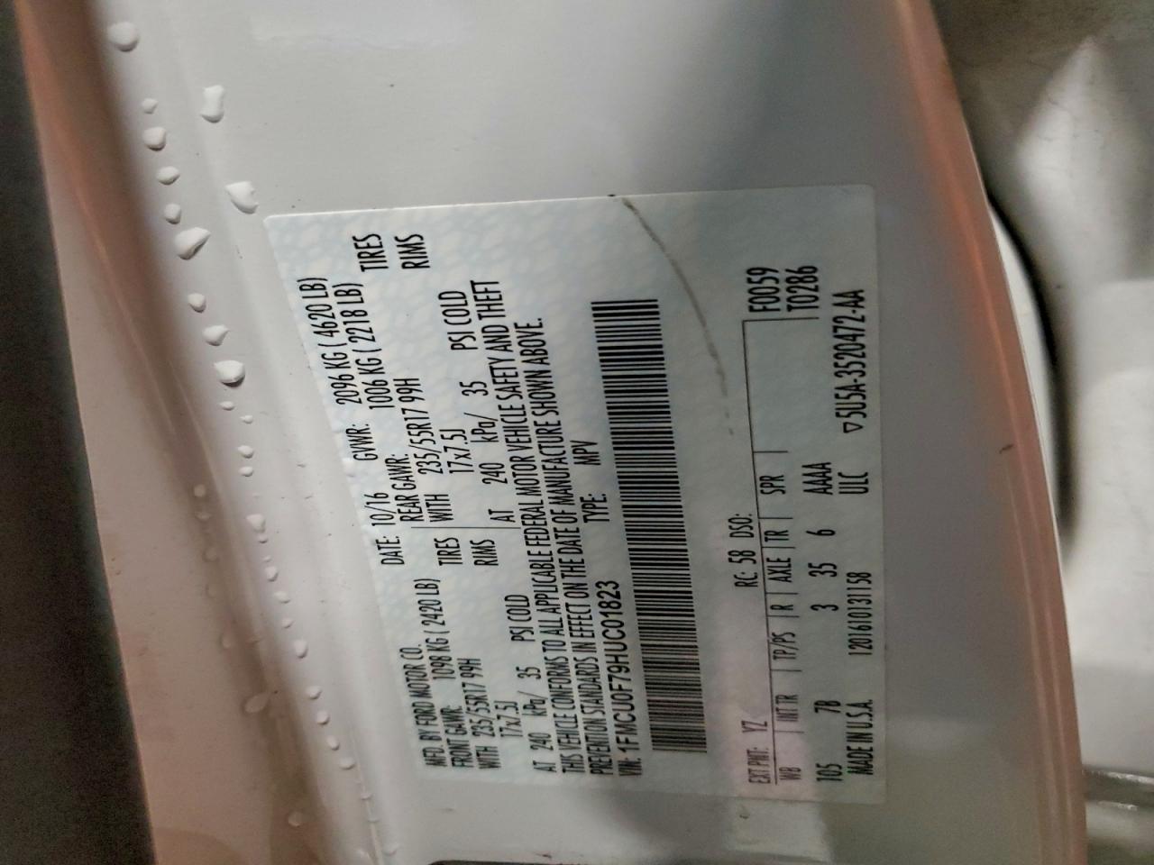 2017 Ford Escape S VIN: 1FMCU0F79HUC01823 Lot: 92762025