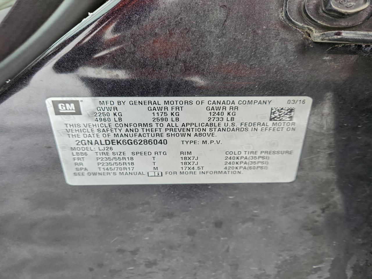 2016 Chevrolet Equinox Ltz VIN: 2GNALDEK6G6286040 Lot: 96604395