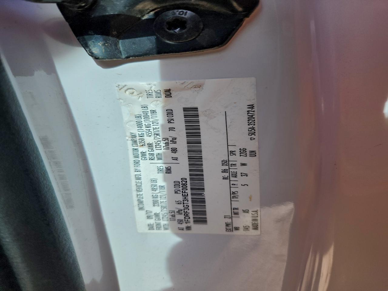 2017 Ford F350 Super Duty VIN: 1FDRF3GT3HEF00820 Lot: 96227105