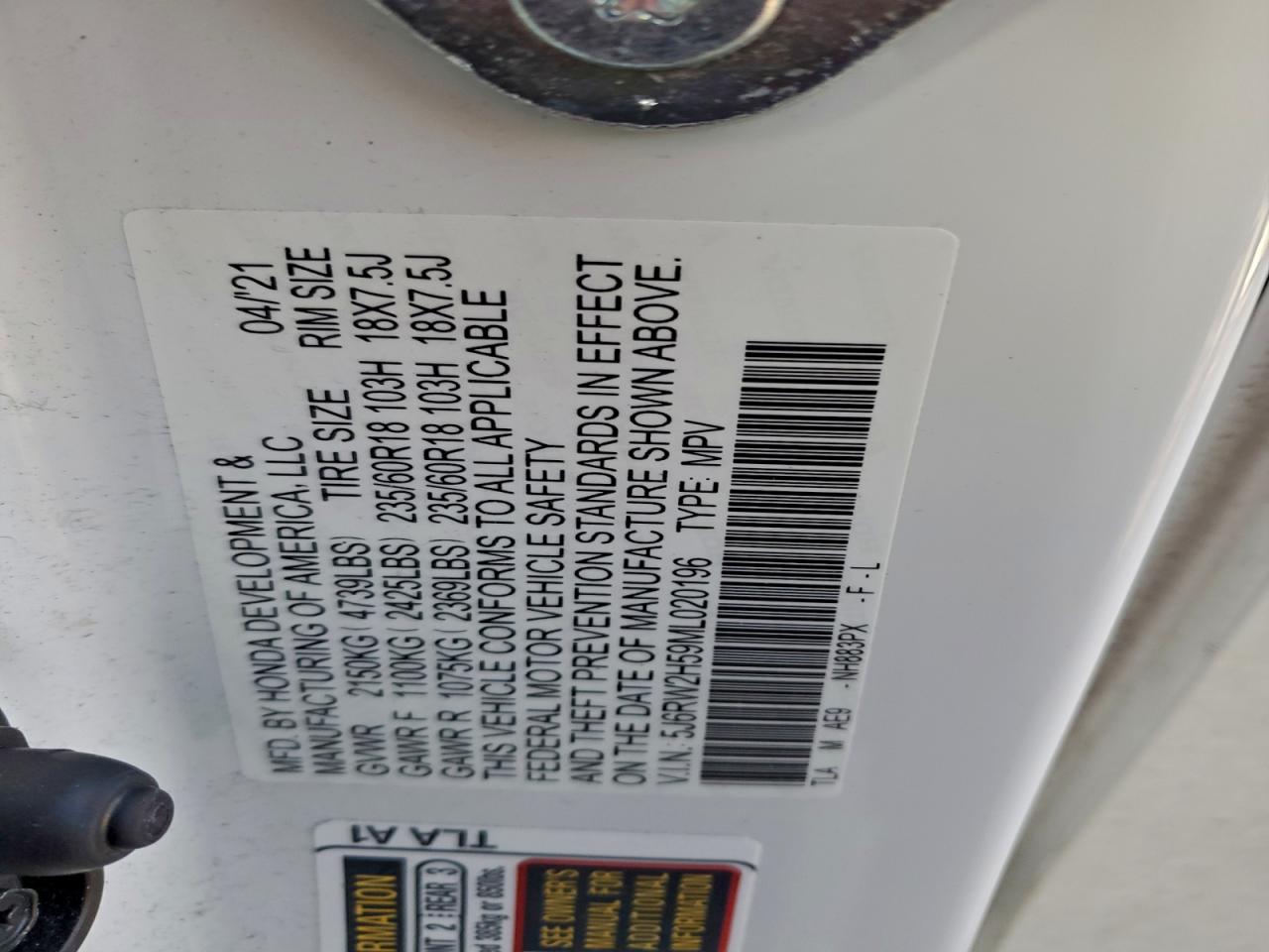 2021 Honda Cr-V Ex VIN: 5J6RW2H59ML020196 Lot: 95328125