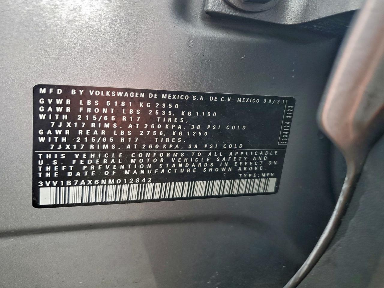 2022 Volkswagen Tiguan S VIN: 3VV1B7AX6NM012842 Lot: 95321305