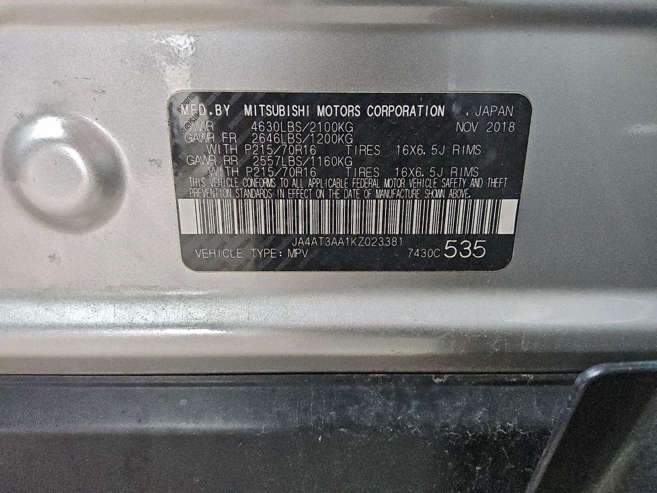 2019 Mitsubishi Eclipse Cross Es VIN: JA4AT3AA1KZ023381 Lot: 94265825