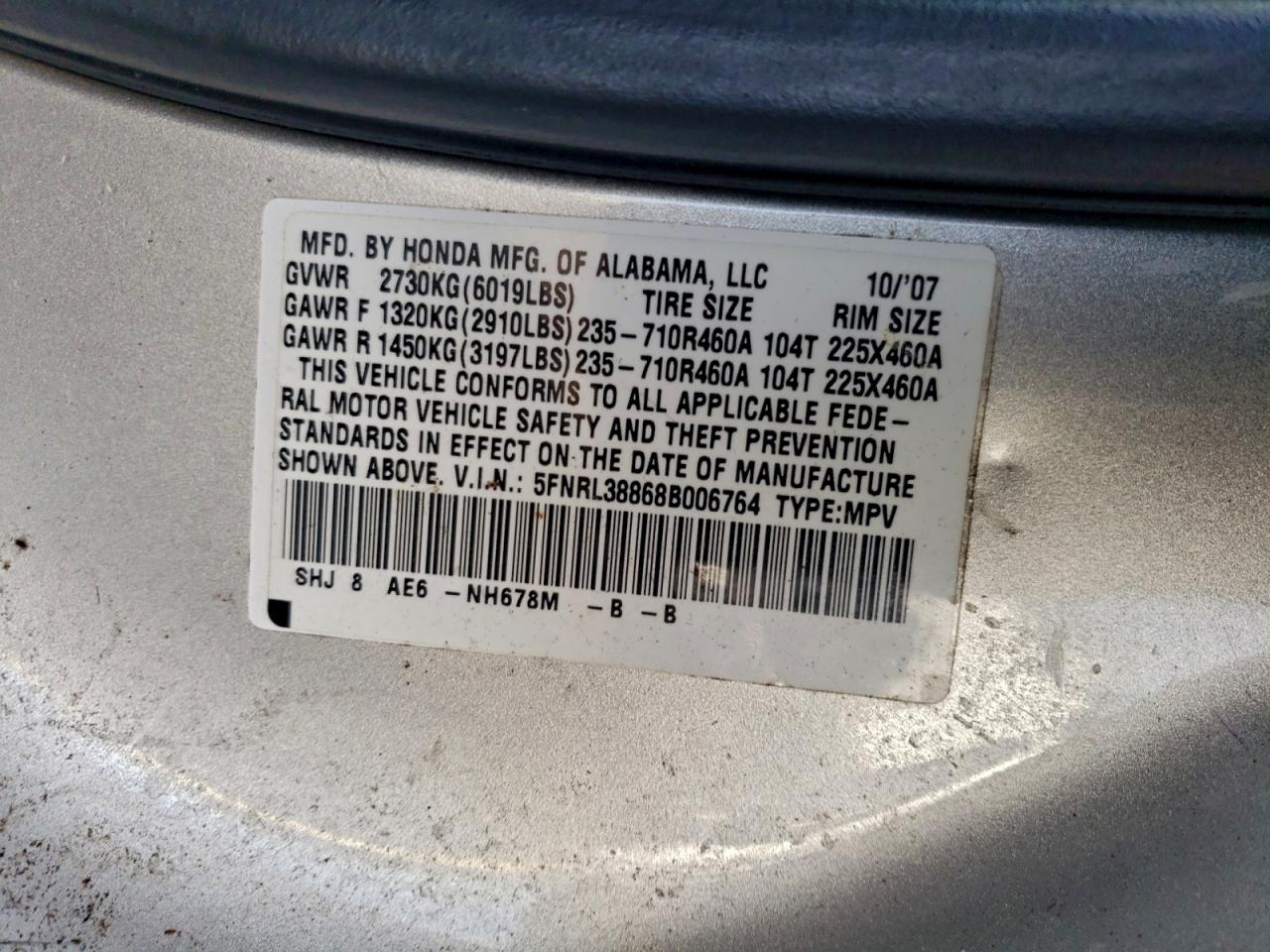 2008 Honda Odyssey Touring VIN: 5FNRL38868B006764 Lot: 96457215