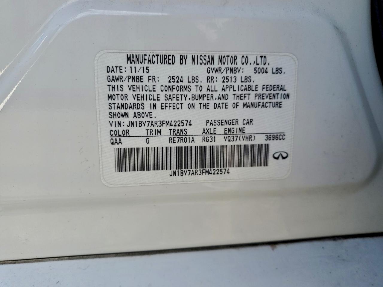 2015 Infiniti Q50 Base VIN: JN1BV7AR3FM422574 Lot: 95562295