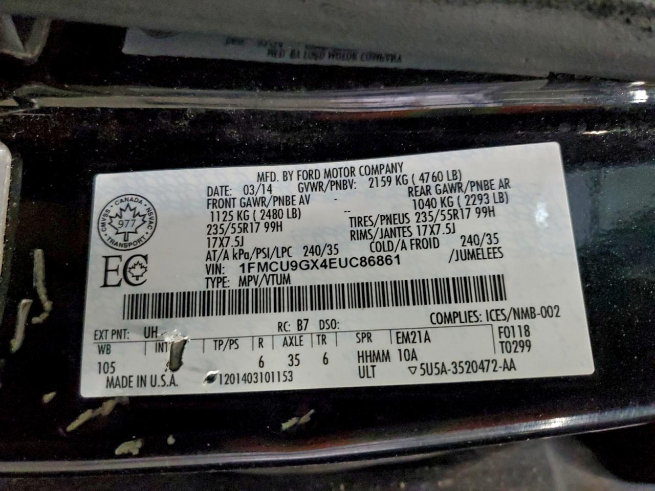 2014 Ford Escape Se VIN: 1FMCU9GX4EUC86861 Lot: 94829435