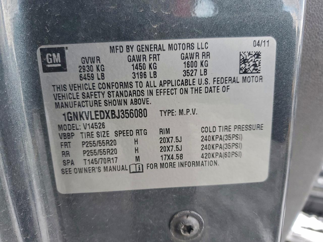 2011 Chevrolet Traverse Ltz VIN: 1GNKVLEDXBJ356080 Lot: 85439795