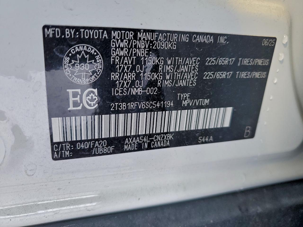 2025 Toyota Rav4 Le VIN: 2T3B1RFV6SC541194 Lot: 95913235