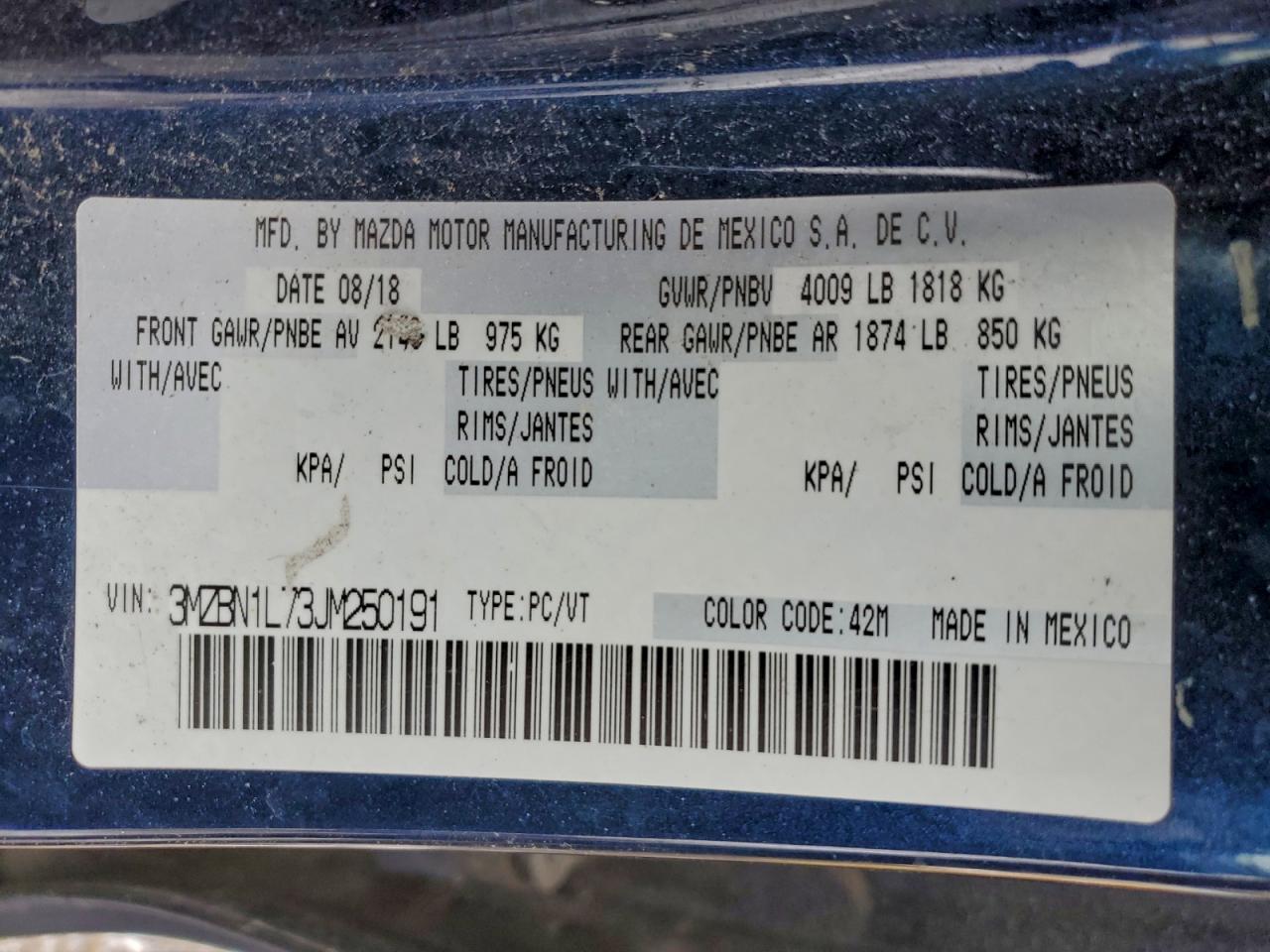 2018 Mazda 3 Touring VIN: 3MZBN1L73JM250191 Lot: 95104255