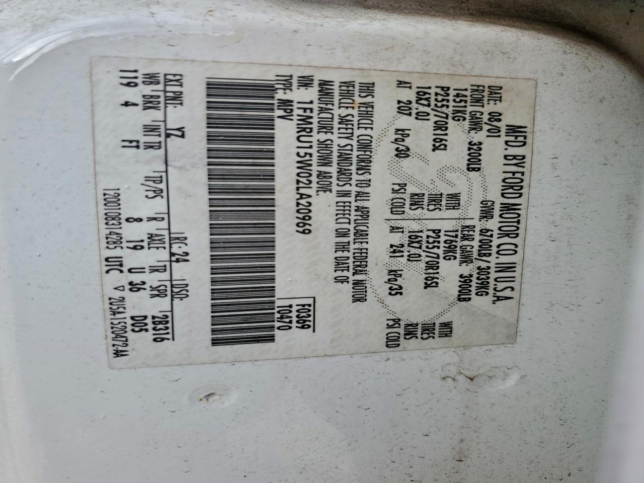 2002 Ford Expedition Xlt VIN: 1FMRU15W02LA20969 Lot: 96995185