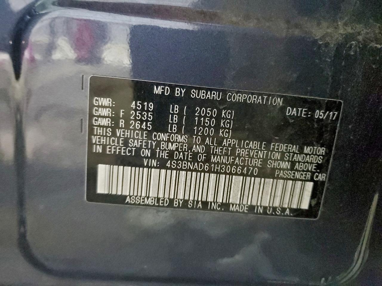 2017 Subaru Legacy 2.5I Premium VIN: 4S3BNAD61H3066470 Lot: 94722115