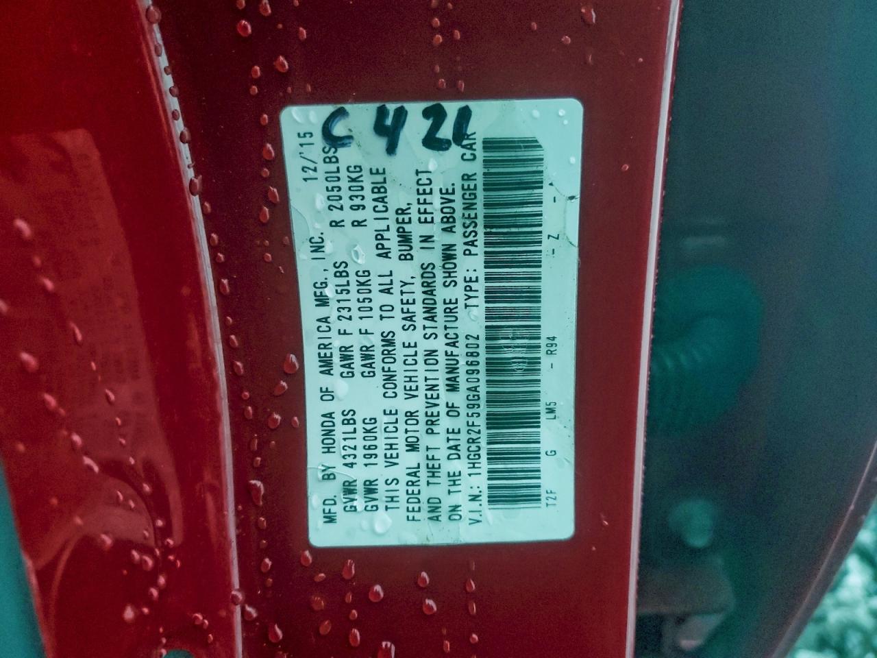 2016 Honda Accord Sport VIN: 1HGCR2F59GA096802 Lot: 95755305