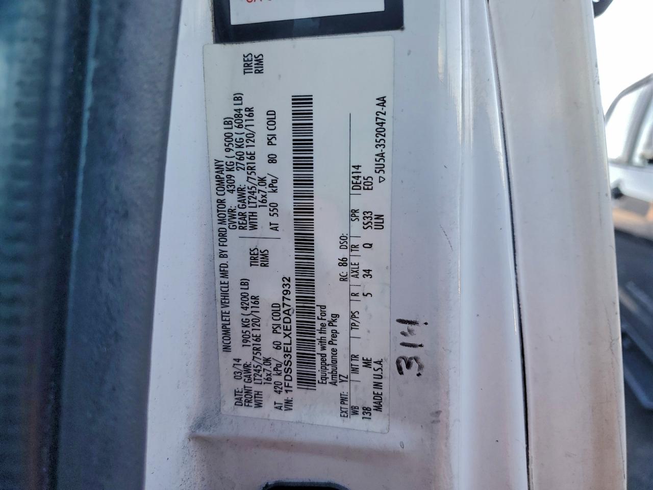 2014 Ford Econoline E350 Super Duty Van VIN: 1FDSS3ELXEDA77932 Lot: 93835625