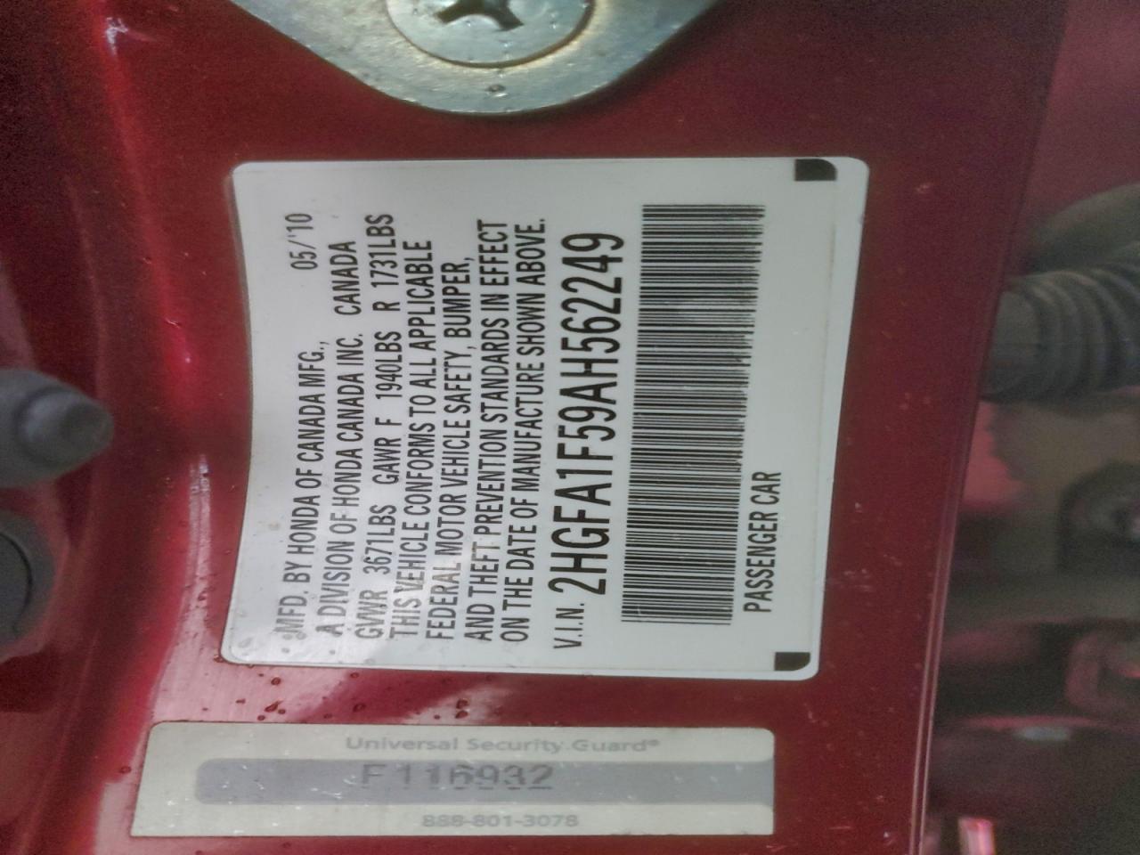 2010 Honda Civic Lx VIN: 2HGFA1F59AH562249 Lot: 95502655