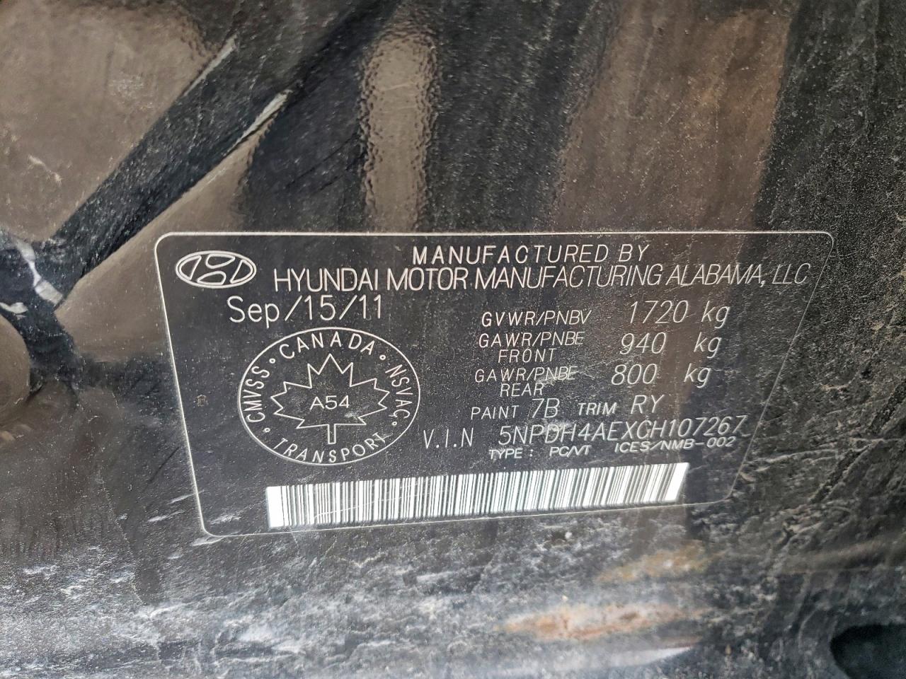 2012 Hyundai Elantra Gls VIN: 5NPDH4AEXCH107267 Lot: 95030845