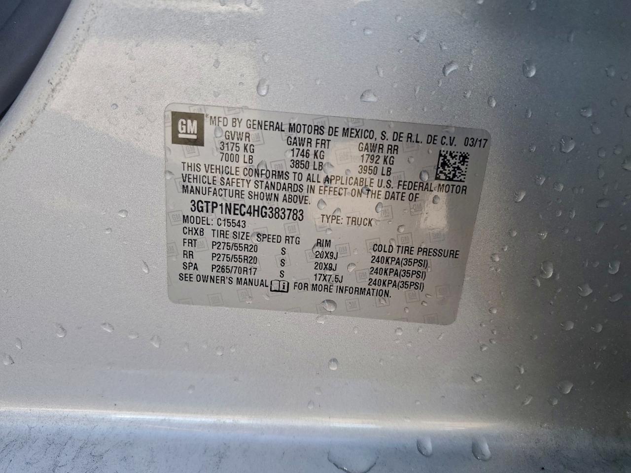 2017 GMC Sierra C1500 Slt VIN: 3GTP1NEC4HG383783 Lot: 95167895
