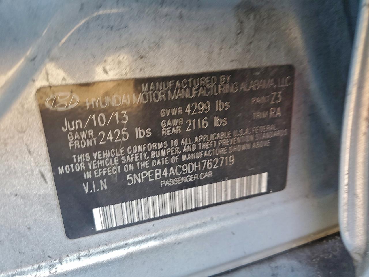 2013 Hyundai Sonata Gls VIN: 5NPEB4AC9DH762719 Lot: 95682495