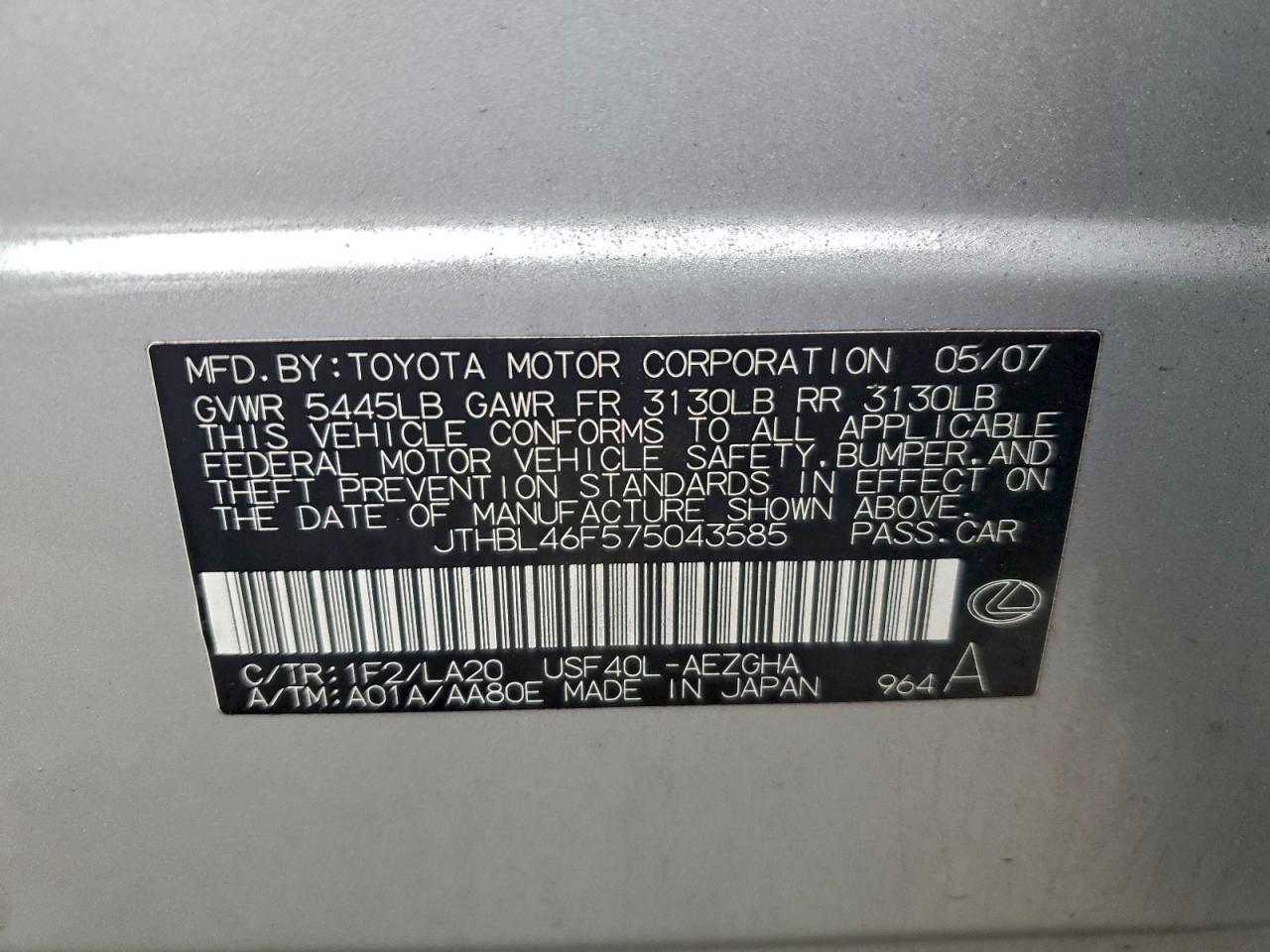 2007 Lexus Ls 460 VIN: JTHBL46F575043585 Lot: 94815275