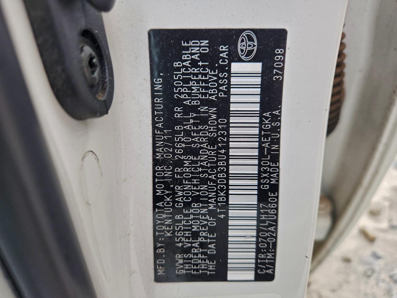 2011 Toyota Avalon Base VIN: 4T1BK3DB3BU412310 Lot: 93786795