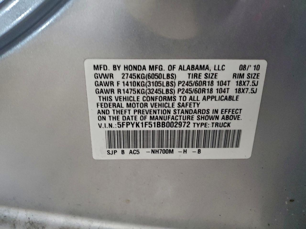 2011 Honda Ridgeline Rtl VIN: 5FPYK1F51BB002972 Lot: 94676795