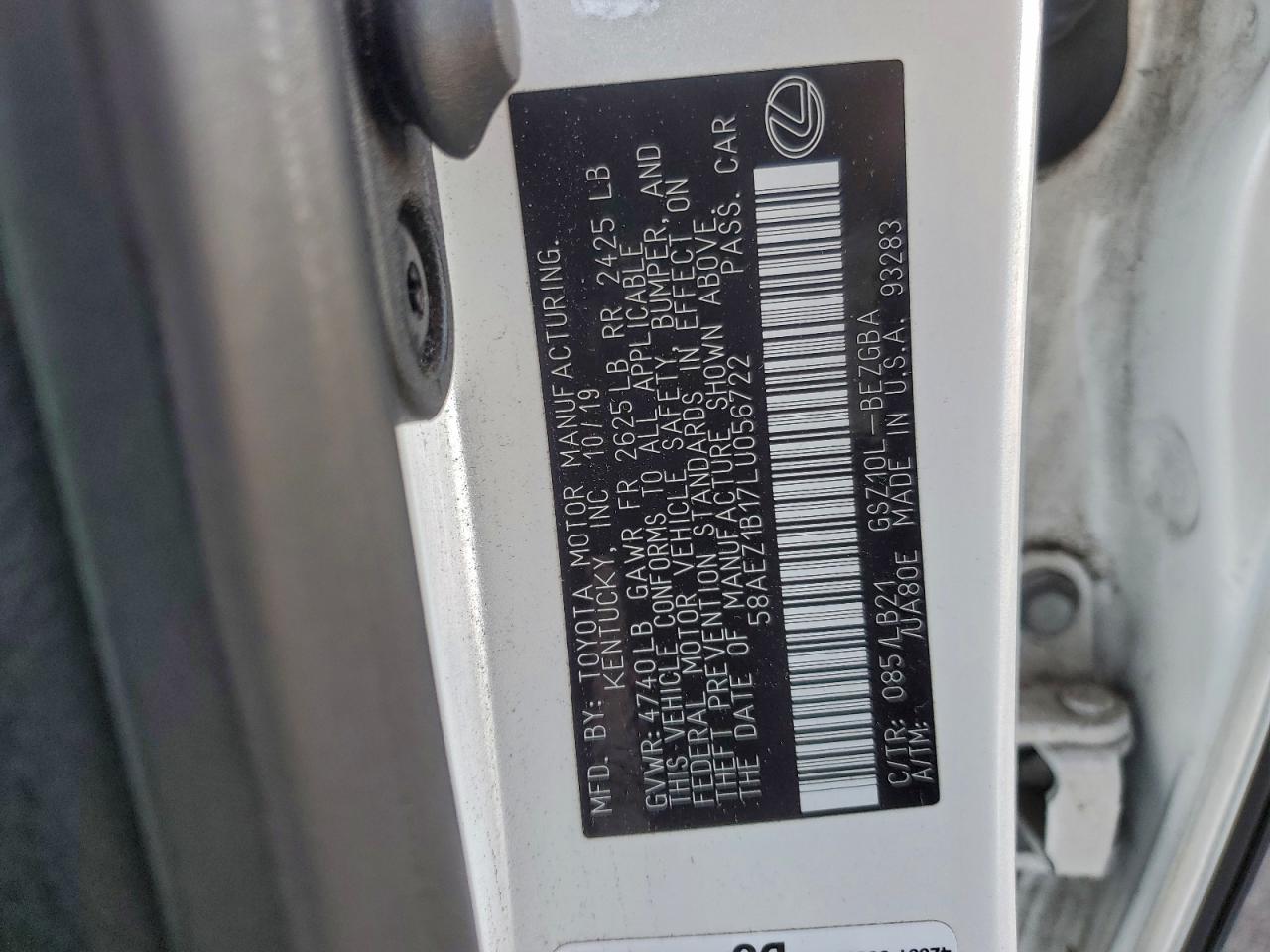 2020 Lexus Es 350 Luxury VIN: 58AEZ1B17LU056722 Lot: 94934865