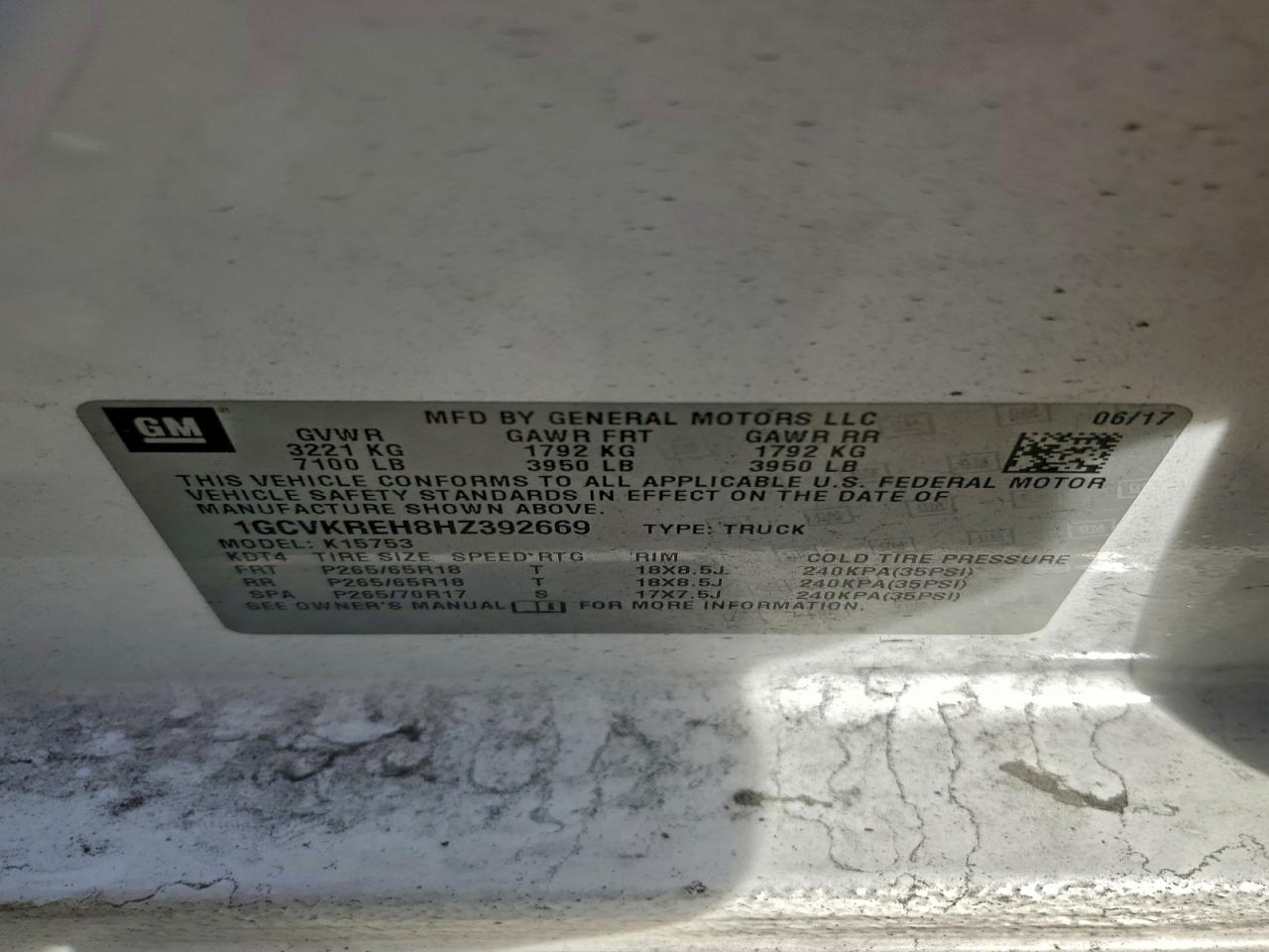 2017 Chevrolet Silverado K1500 Lt VIN: 1GCVKREH8HZ392669 Lot: 93861185