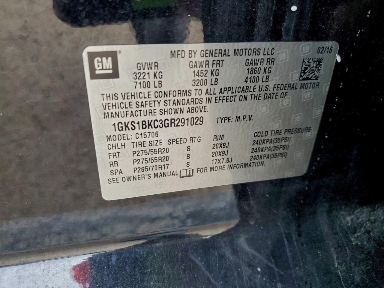 2016 GMC Yukon Slt VIN: 1GKS1BKC3GR291029 Lot: 94774865