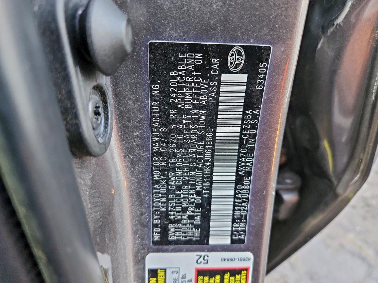 2018 Toyota Camry L VIN: 4T1B11HK4JU618669 Lot: 95426905