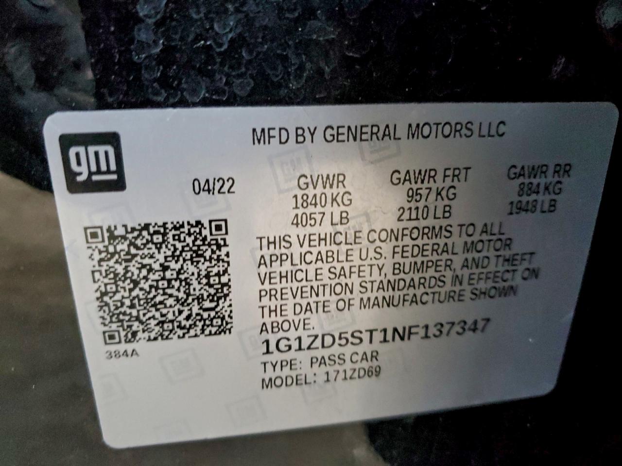 2022 Chevrolet Malibu Lt VIN: 1G1ZD5ST1NF137347 Lot: 96147035