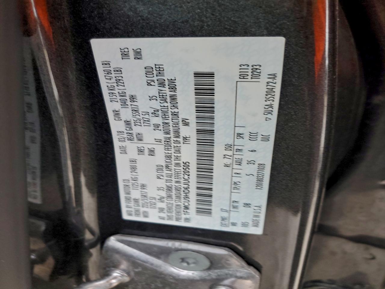 2018 Ford Escape Sel VIN: 1FMCU9HD6JUC20505 Lot: 96510615