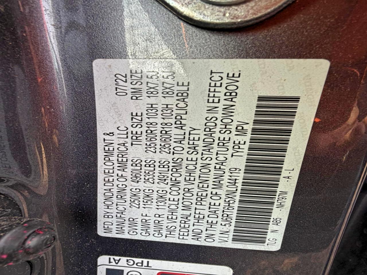 2022 Honda Cr-V Ex VIN: 5J6RT6H5XNL044119 Lot: 98324885