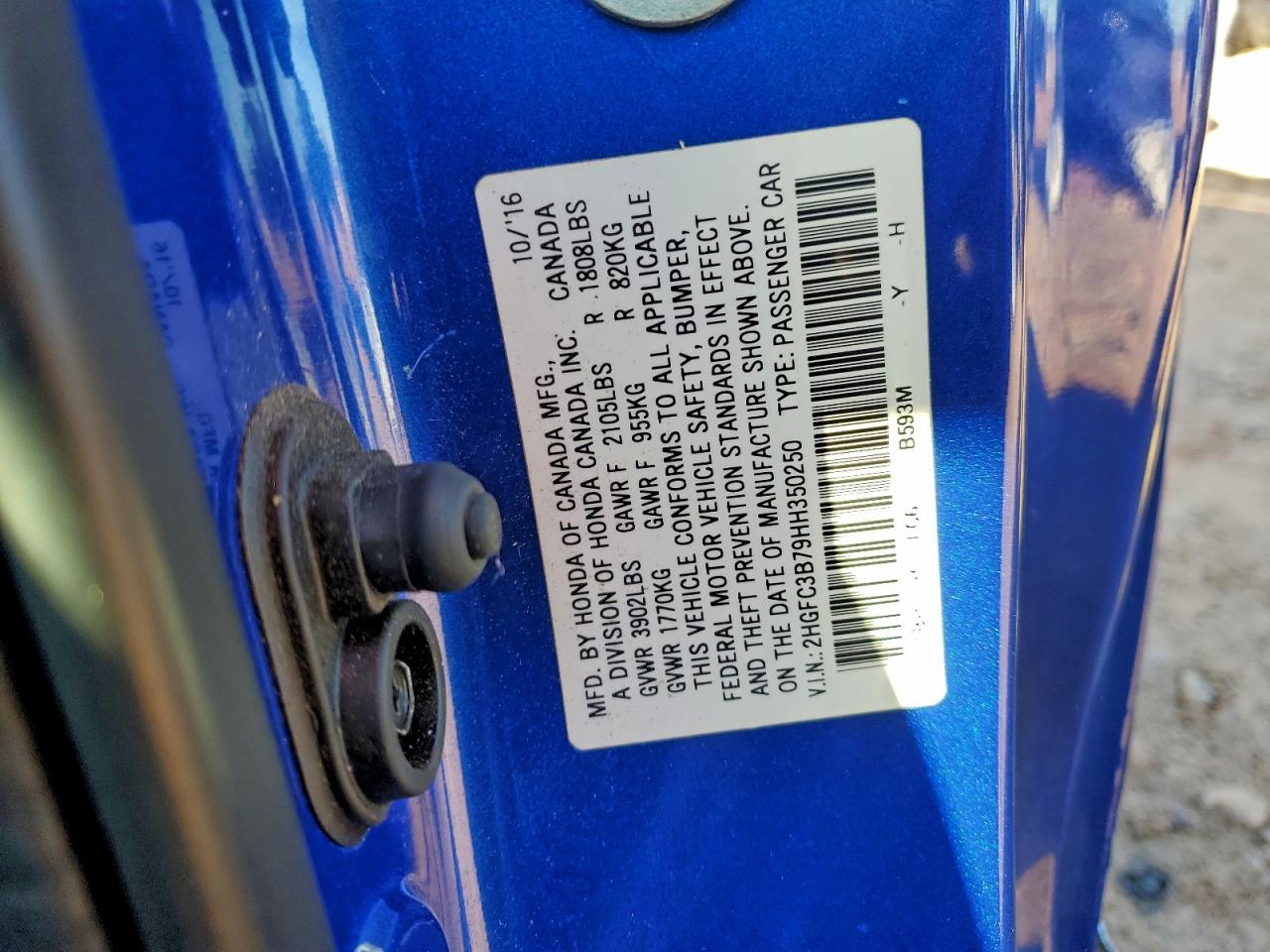 2017 Honda Civic Exl VIN: 2HGFC3B79HH350250 Lot: 98121065