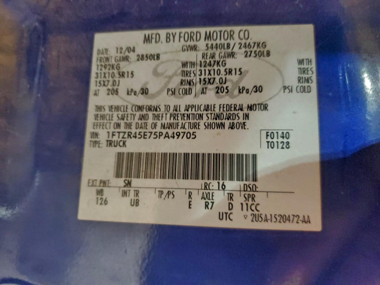 2005 Ford Ranger Super Cab VIN: 1FTZR45E75PA49705 Lot: 94963175