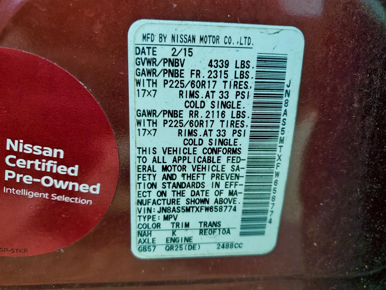 2015 Nissan Rogue Select S VIN: JN8AS5MTXFW658774 Lot: 95854795