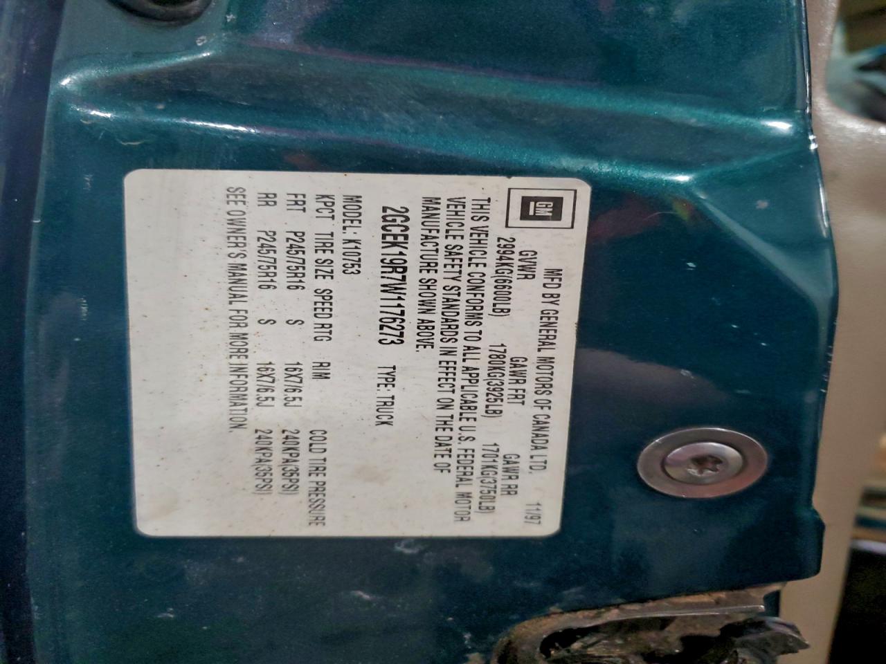 1998 Chevrolet Gmt-400 K1500 VIN: 2GCEK19R7W1176273 Lot: 95841975