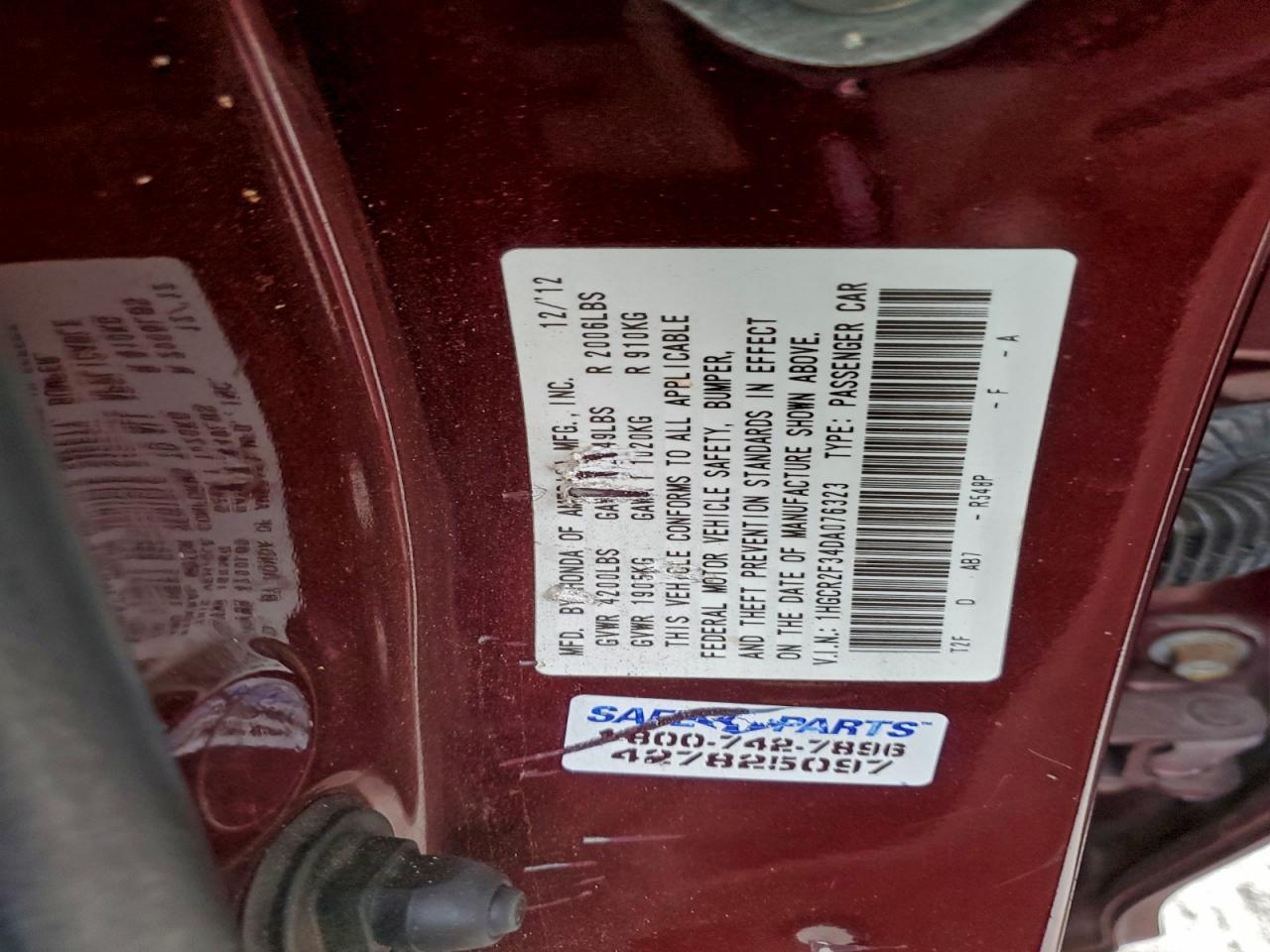 2013 Honda Accord Lx VIN: 1HGCR2F34DA076323 Lot: 94545285