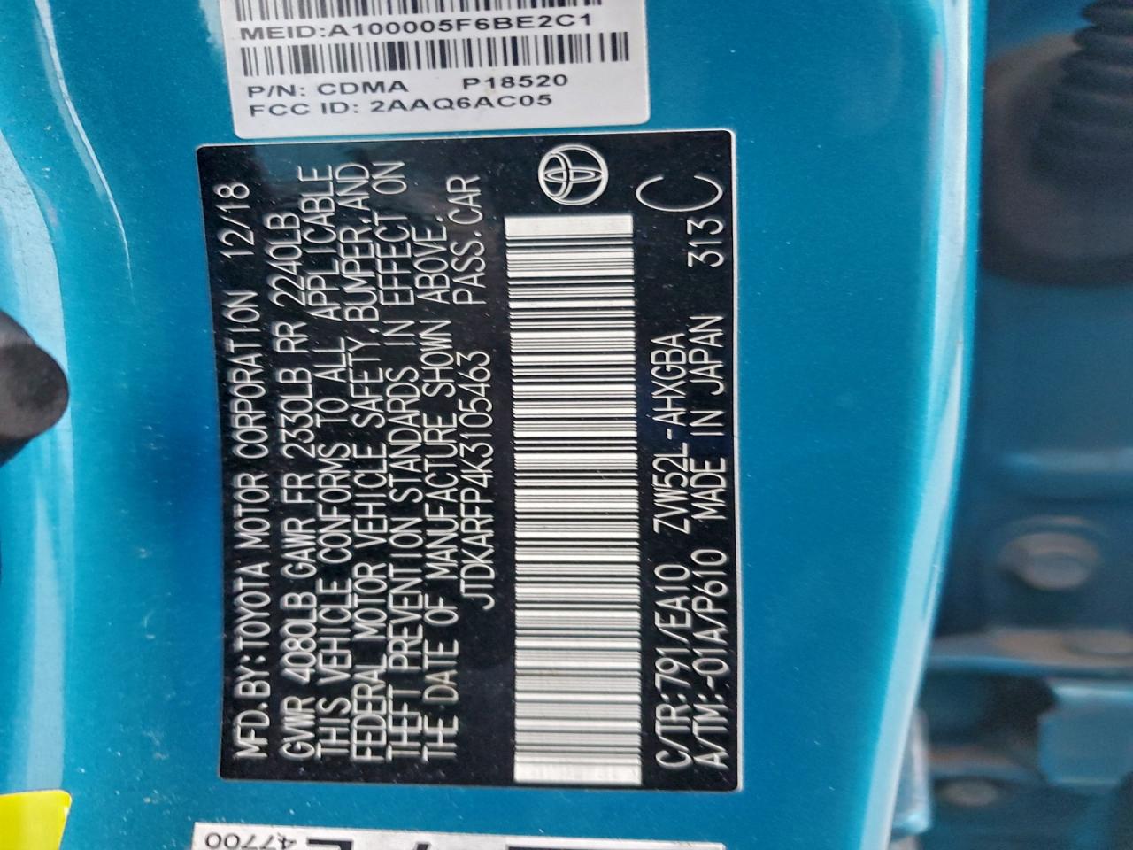 2019 Toyota Prius Prime VIN: JTDKARFP4K3105463 Lot: 94801345