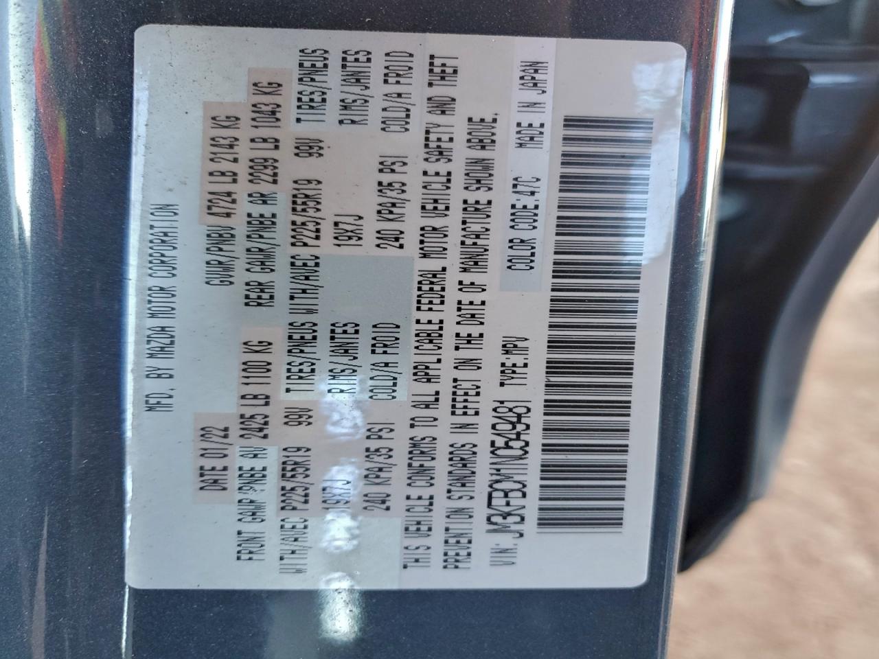 2022 Mazda Cx-5 Preferred VIN: JM3KFBCM1N0549481 Lot: 94693835