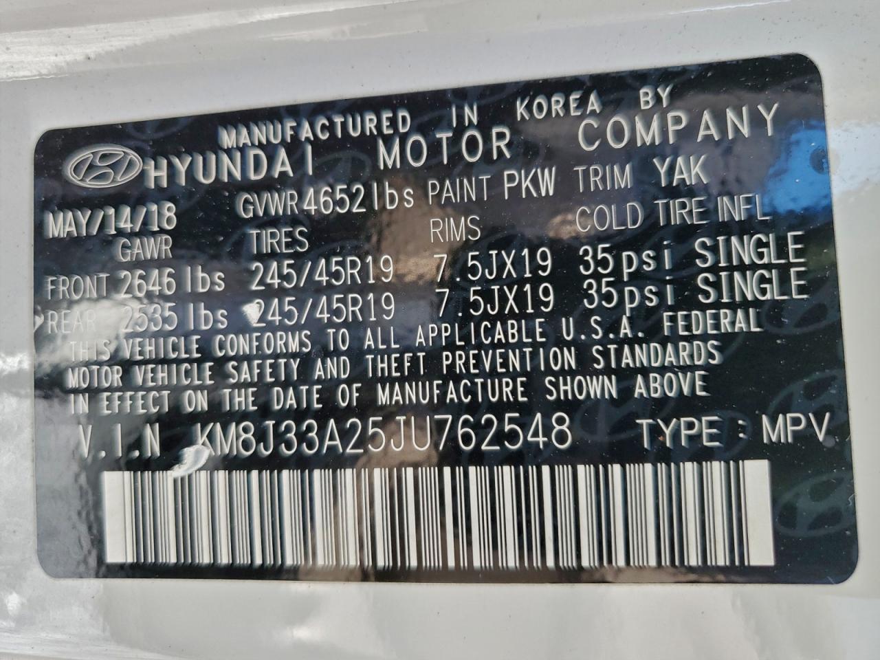 2018 Hyundai Tucson Value VIN: KM8J33A25JU762548 Lot: 95745375