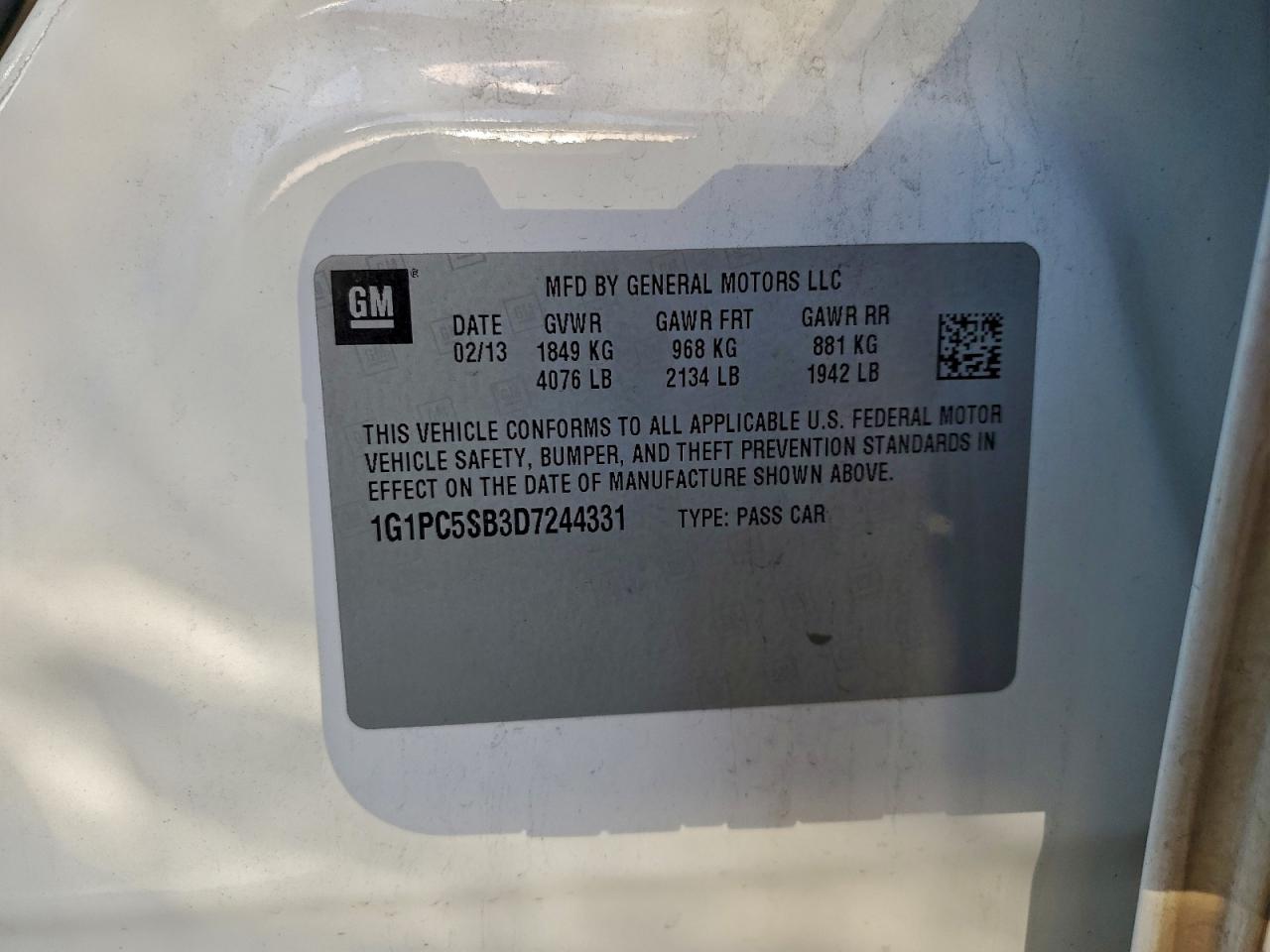 2013 Chevrolet Cruze Lt VIN: 1G1PC5SB3D7244331 Lot: 96103255