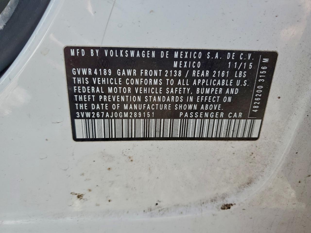 2016 Volkswagen Jetta S VIN: 3VW267AJ0GM289151 Lot: 94645615