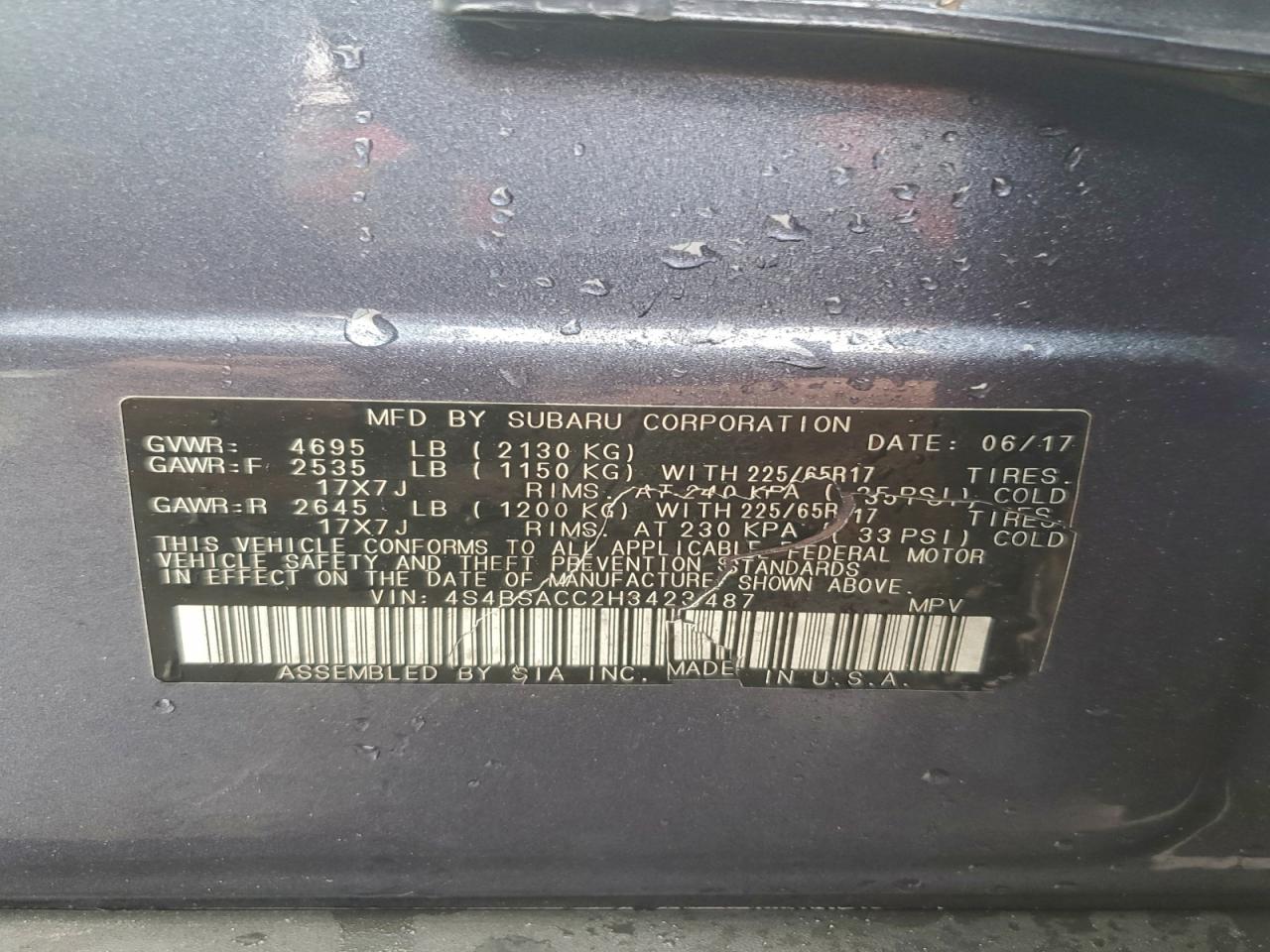 2017 Subaru Outback 2.5I Premium VIN: 4S4BSACC2H3423487 Lot: 94909825